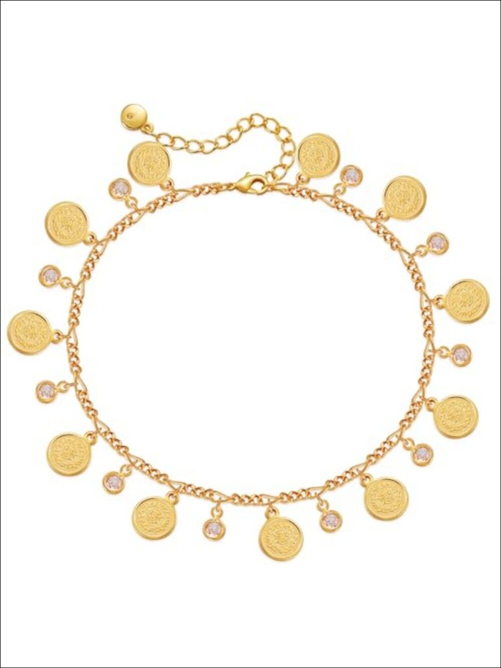18k Gold Plated Adjustable Anklet with Coin Charm & Gemstones